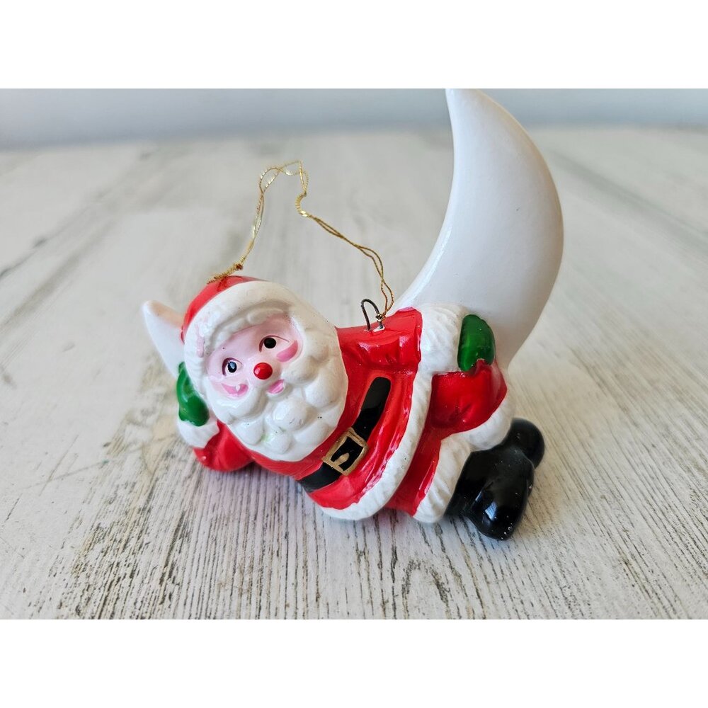 Vintage Enesco Santa Moon ceramic ornament red white shabby chic Xmas tree